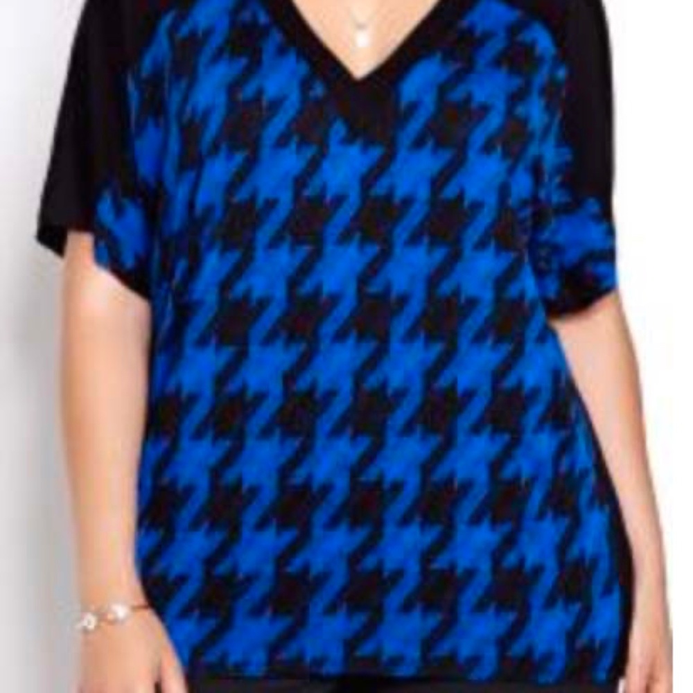 TOP, DOLMAN SLEEVES, BLACK & BLUE, SZ 4X, VEE NECK, HOUNDSTOOTH PRINT, VISCOSE/